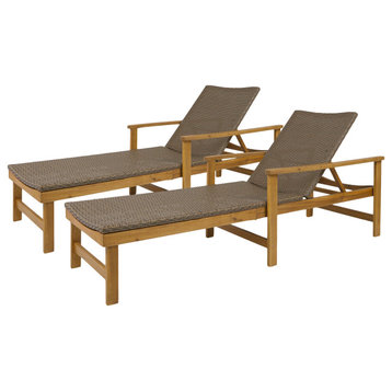 GDF Studio Kyle Outdoor Rustic Acacia Wood Chaise Lounge with Wicker Seating (Se, Natural Stained/Mix Mocha