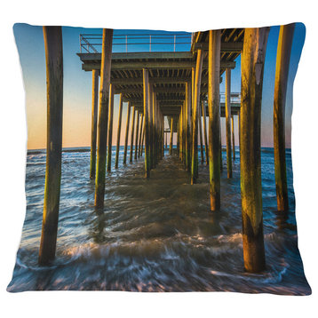Fishing Pier and Waves at Atlantic Sea Pier Seascape Throw Pillow, 18"x18"