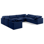 Meridian Furniture - Indulge Upholstered Modular U-Shaped Sectional, Navy, 8-Piece: 4 Armless Chair, 4 Corner Chair, Down Stuffed Velvet - Experience ultimate comfort and style with our navy velvet Indulge Sectional. The luxurious velvet will elevate the aesthetic of any room. This sofa provides ample space for you to relax while its modular build offers the option of unlimited configurations. Whether you're looking to add a stylish element to your living room or a comfortable seating option to your bedroom, this sofa is the perfect choice.