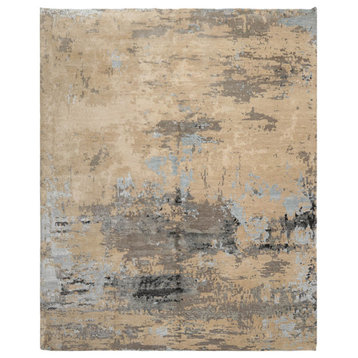 8'x10' Hand Knotted Wool and Silk Oriental Area Rug, Beige, Tan Color
