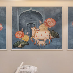 Pichwai Style Blue Wallpaper for Lobby and Temple Walls - Wallpaper