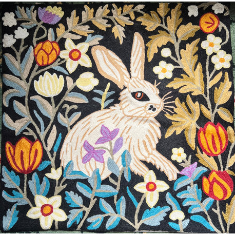 William Morris Rabbit Floral Pillow Cover Hand Embroidered Bunny Wool 18x18