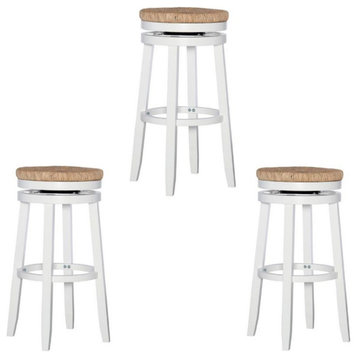 Home Square 3 Piece Swivel Solid Wood Rush Bar Stool Set in White
