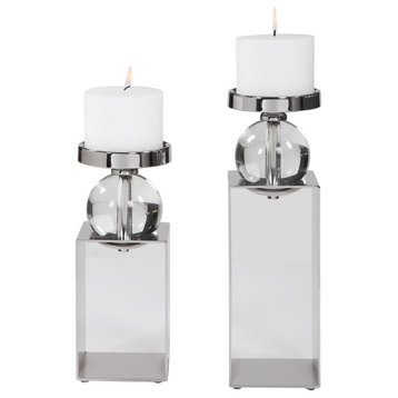 Modern Silver Nickel Rectangle Candle Holder 2-Piece Set, Chrome Crystal