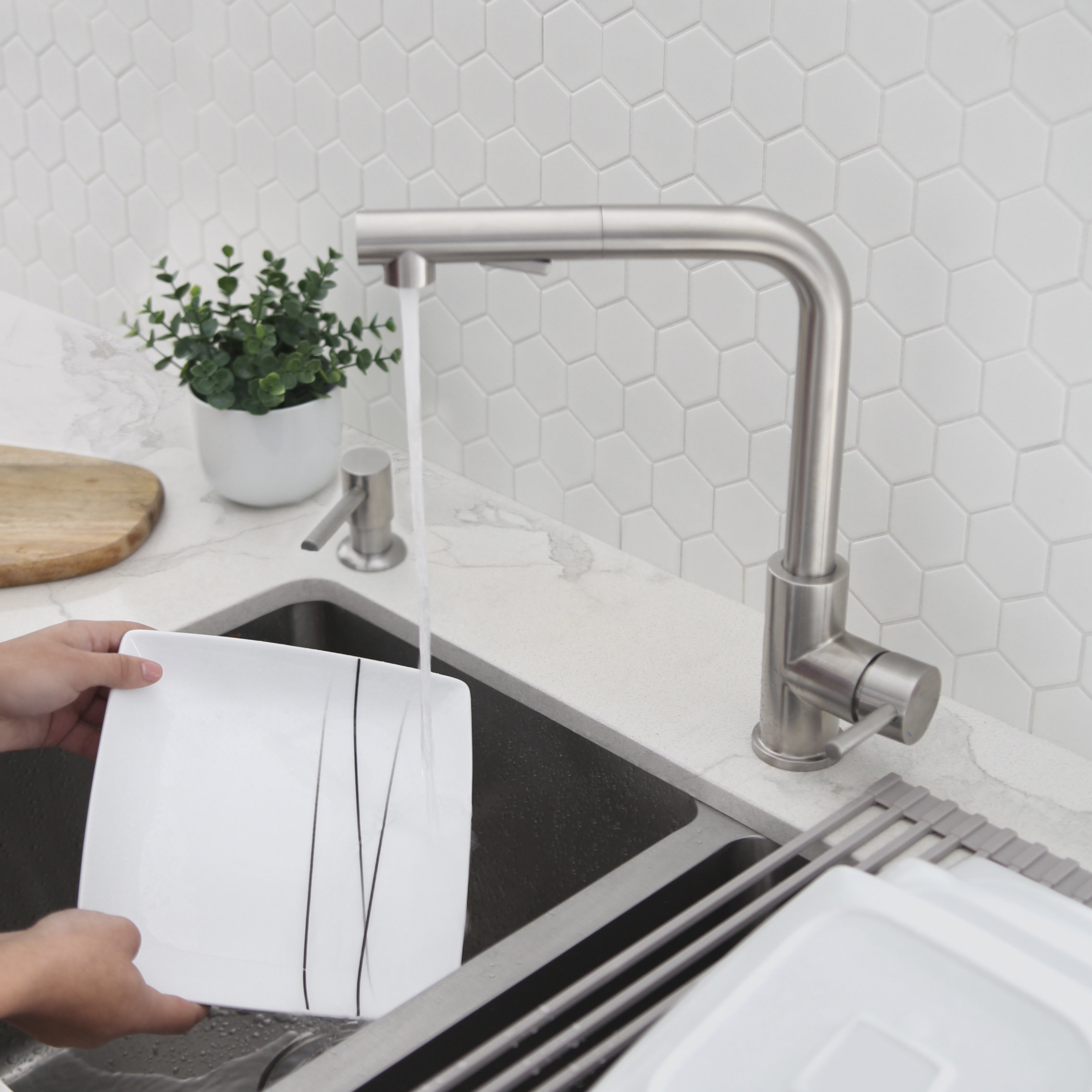 Stylish Pull Down Kitchen Faucet + Soap Dispenser Stainless Steel Finish