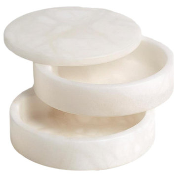 Elegant White Alabaster Stone Round Swivel Box Small Jewelry Tiered