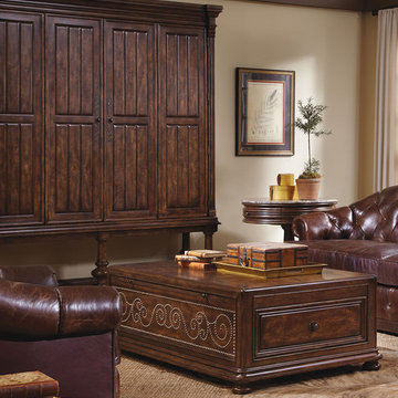 Whiskey Oak Leather Trunk Cocktail Table and Media Armoire