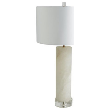 Elegant White Alabaster Stone Cylinder Table Lamp 28 in Classic Minimalist Round