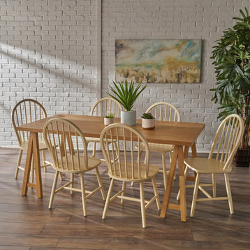 GDF Studio 7-Piece Amy Farmhouse Faux Wood Dining Set With Rubberwood Chairs