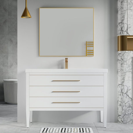 Grace Bathroom Vanity, White With Brass Trim, 48", Single Sink, Freestanding