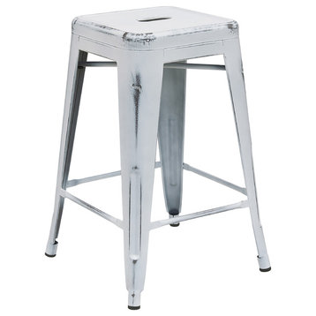 24" High Backless Distressed White Metal Indoor Counter H Stool