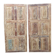 Consigned 2 Pcs Vintage Barn Doors Sliding Door Panel Hand Carved Wall Hanging