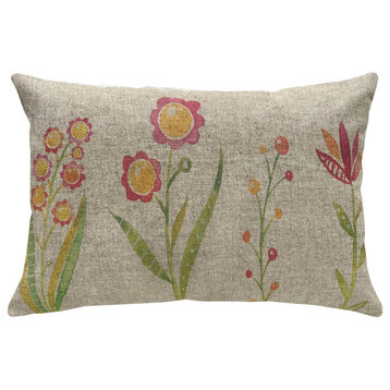 Watercolor Flowers Linen Pillow, 18"x12"