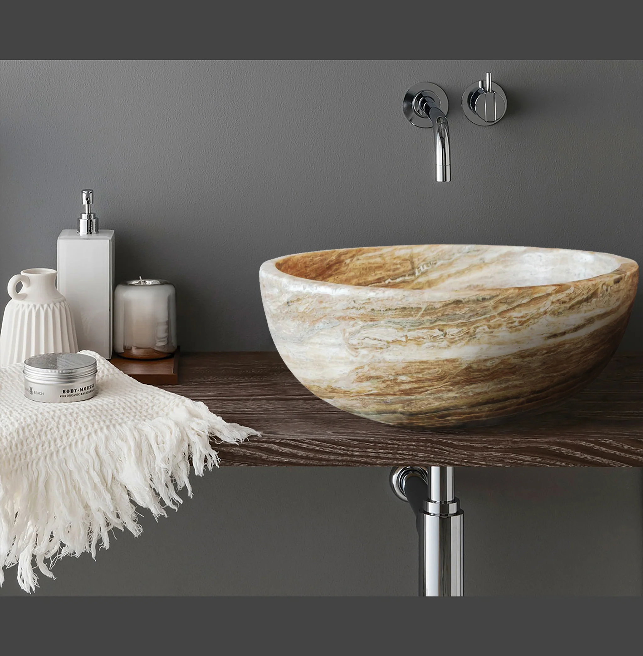 Travertine-Onyx Traonyx Natural Stone Marble Vessel Sink Matte (D)16" (H)6"