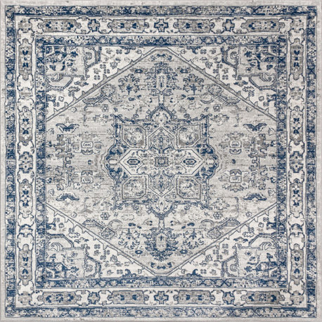 Modern Persian Vintage Medallion Light Grey/Navy 6' Square Area Rug