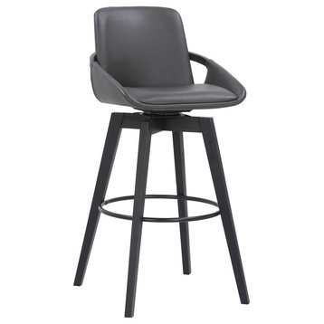 Baylor Swivel Wood Stool, Faux Leather, Gray/Black, 30" Bar Height