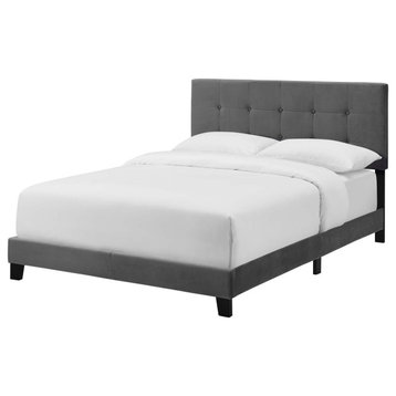 Contemporary Modern Twin Size Bed Frame, Velvet, Grey Gray, Box Spring Required