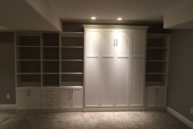 Large arts and crafts guest carpeted bedroom photo in Other with gray walls
