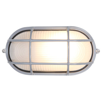 Nauticus Wire Guard Outdoor LED Bulkhead, Satin With Frosted Glass Shade, 8"