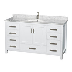 60" Single Vanity,White, White Carrara Marble Top, Undermount Square Sink