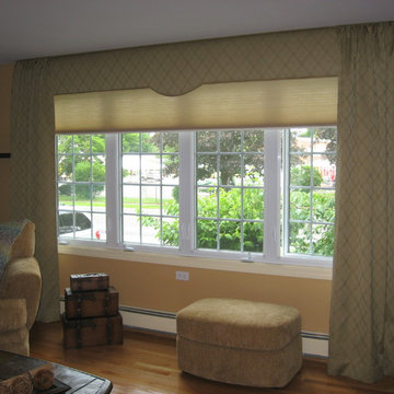 Shaped Cornice with Shirred Drapery Overlays, over Honeycomb Shade