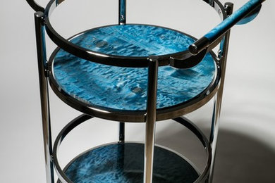 Electric Blue Maple and Chrome Modern Bar Cart