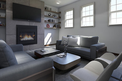 Trendy family room photo in Newark with gray walls and a metal fireplace