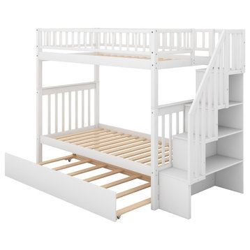 TATEUS Twin over Twin Bunk Bed with Trundle and Storage, White