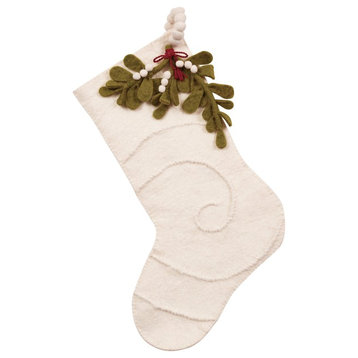 Mistletoe on Cream Christmas Stocking in Hand Felted Wool