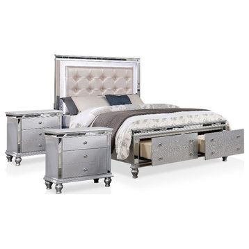 FOA Pimma 3-Piece Silver Solid Wood Bedroom Set - King + 2 Nightstands