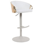 Armen Living - Solstice Adjustable Swivel Barstool, Ivory With White, Patterned Oak - Bring sculptural elegance and ergonomic function to your space with the Solstice Adjustable Barstool in Upholstered Seat. modern masterpiece blending comfort, luxury, and flexibility, this stool is designed to elevate any kitchen island, bar table, or high-top space with effortless style. The Solstice collection combines an artful silhouette with smart materials'highlighted by its adjustable height and bold, contemporary form. The Ivory finish frame and White upholstered seat variation introduces a fresh, airy aesthetic grounded by Patterned Oak wood accents, adding warmth and texture to any modern setting. Meanwhile, the Black Faux Leather seat with Black Powder-Coated finish and brushed gold accents delivers a striking, upscale edge perfect for urban lofts or dramatic interiors. Both stools feature a full 360-swivel and adjustable gas-lift mechanism, allowing for seamless movement and customizable comfort at both counter and bar height levels. The sturdy pedestal base ensures stability without sacrificing visual lightness, while the mid-rise backrest supports relaxed postures during long dinners or casual conversations. Whether you favor bold contrasts or natural textures, the Solstice Barstool offers a refined statement piece for curated spaces'balancing performance and aesthetics with equal finesse.