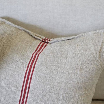 Vintage Red Stripe European Grainsack Pillows Pair