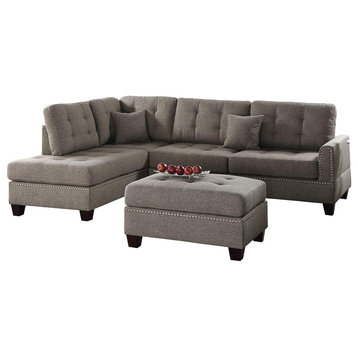 Reversible Sectional Sofa, Padded Seat With Tufted Back & Nailhead, Brown