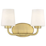 Savoy House - Capra 2-Light Bath Vanity Fixture, Warm Brass - Add chic style to any bathroom with the Savoy House Capra 2-light bath bar. Its substantial structure features classic details along with white opal glassshades that are tapered like lamp shades and open at the top to give off a flattering glow. The large oval-shaped backplate helps to cover up any holes left behind from replacing old bath bars too. Plus the hardware for this fixture has been thoughtfully moved to the side of the backplate allowing for a crisp and clean look. Finished in warm brass. This fixture is 15" wide and 9" tall. It extends 6.5" from the wall.