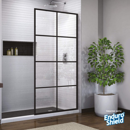 Madeira Grid Pattern Fixed Shower Screen, EnduroShield, Matte Black, 30"x76"