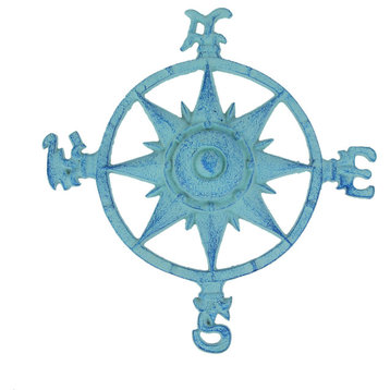 Weathered Blue Cast Iron Compass Rose Wall Hanging