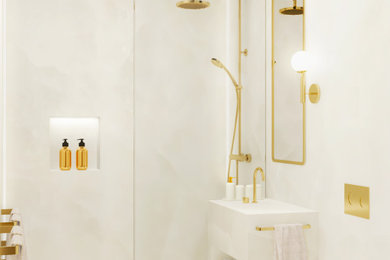 シドニーにある中くらいなコンテンポラリースタイルのおしゃれなバスルーム (浴槽なし) (コーナー設置型シャワー、ベージュの壁、オープンシャワー) の写真