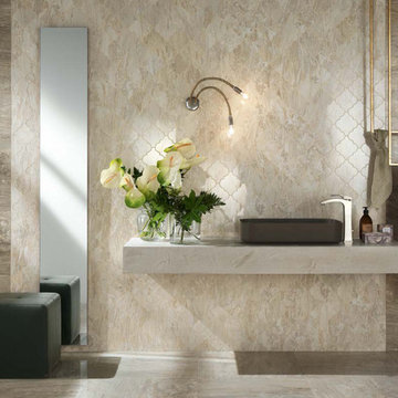 Transitional bathroom with beige porcelain marble look tiles