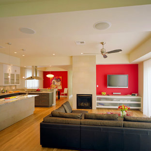 Idéer för att renovera ett funkis vardagsrum, med röda väggar och en väggmonterad TV