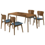 Armen Living - Kalia 5-Piece Wood Dining Set, Walnut Finish With Blue Fabric - The Kalia 5-piece Wood Dining Set from Armen Living will enhance any dining space. The dining table features softly curved edges to maintain a modern and inviting edge in any room. Included in this dining table set is 1 dining table and 4 dining chairs. The tabletop is enlivened with natural grains of wood that are juxtaposed at an angle to bring rich character. Inspired by mid-century modern design, the dining chairs embrace a soft and inviting profile. They feature a gracefully curved and contoured back that lends sturdy back support. Complemented with beautifully curved and angled legs, the chairs vouch for a sculptural and charming presence. They feature a generously padded seat to provide the perfect combo of style and comfort. This dining set is crafted in a combination of engineered and rubberwood to provide durability and easy maintenance for your daily meals and formal dinners. This dining set is available in your choice of a walnut wood finish with charcoal, blue, or orange fabric upholstery or a gray finish with gray fabric upholstery.