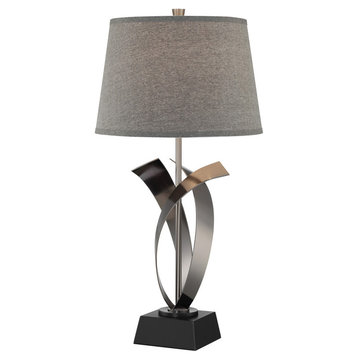 Table Lamp, Gun Metal With Grey Fabric Shade E27 A 100W