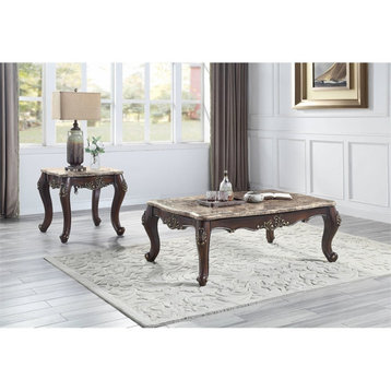 ACME Ragnar Wooden Square End Table in Brown Marble Top and Cherry