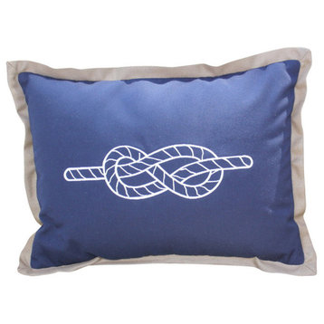Navy Lumbar Pillow With Cocoa Flange Trim, Embroidered Nautical Rope Knot