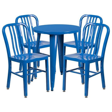 Flash Commercial Grade 24" Round Blue Metal Table Set, 4 Vertical Slat Chairs