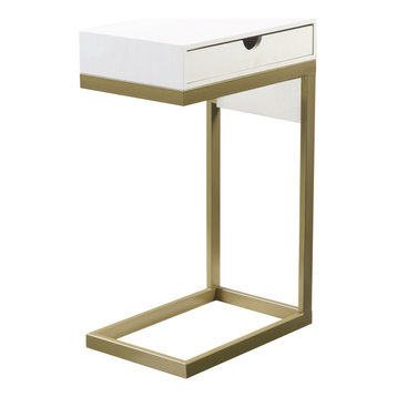 Loft Lyfe Demetrius C-Table With Drawer, USB Port & Wall Plug, White/Gold