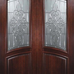 Slab Front Double Door 96 Wood Mahogany Courtlandt Arch Lite Glass - Front Doors