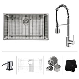 Contemporary Kitchen Sinks 30" Undermount Stainless Steel Kitchen Sink, Pull-Down Faucet CH with Dispenser
