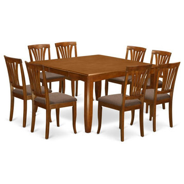 East West Furniture Parfait 9-piece Dining Set with Linen Seat in Saddle Brown