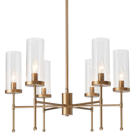 LNC 6-Light Modern Candle-Style Glass-Cylinder Chandelier, Brass
