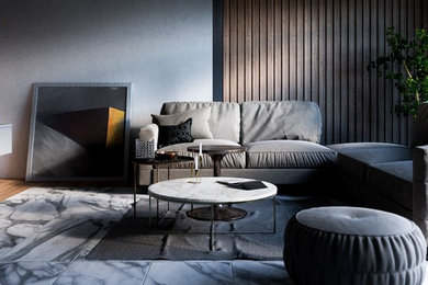 Inspiration for a mid-sized modern formal and enclosed marble floor and white floor living room remodel in Other with brown walls